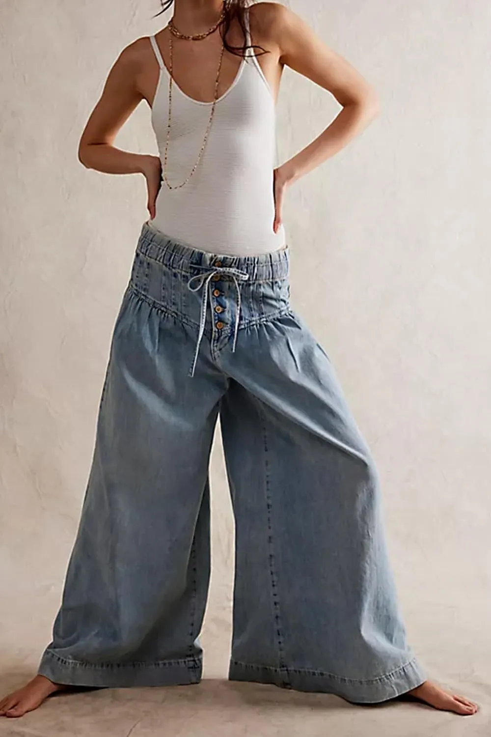 yoeasy Womens Mid Rise Wide Leg Jeans Elastic Drawstring Loose Ruffle Pleated Denim Pants Y2k Baggy Boyfriend Jeans