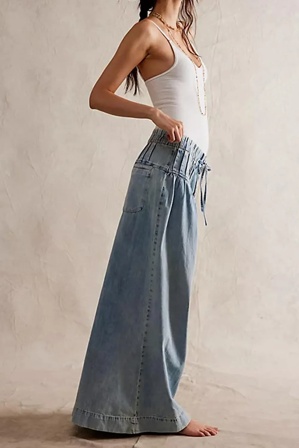 yoeasy Womens Mid Rise Wide Leg Jeans Elastic Drawstring Loose Ruffle Pleated Denim Pants Y2k Baggy Boyfriend Jeans