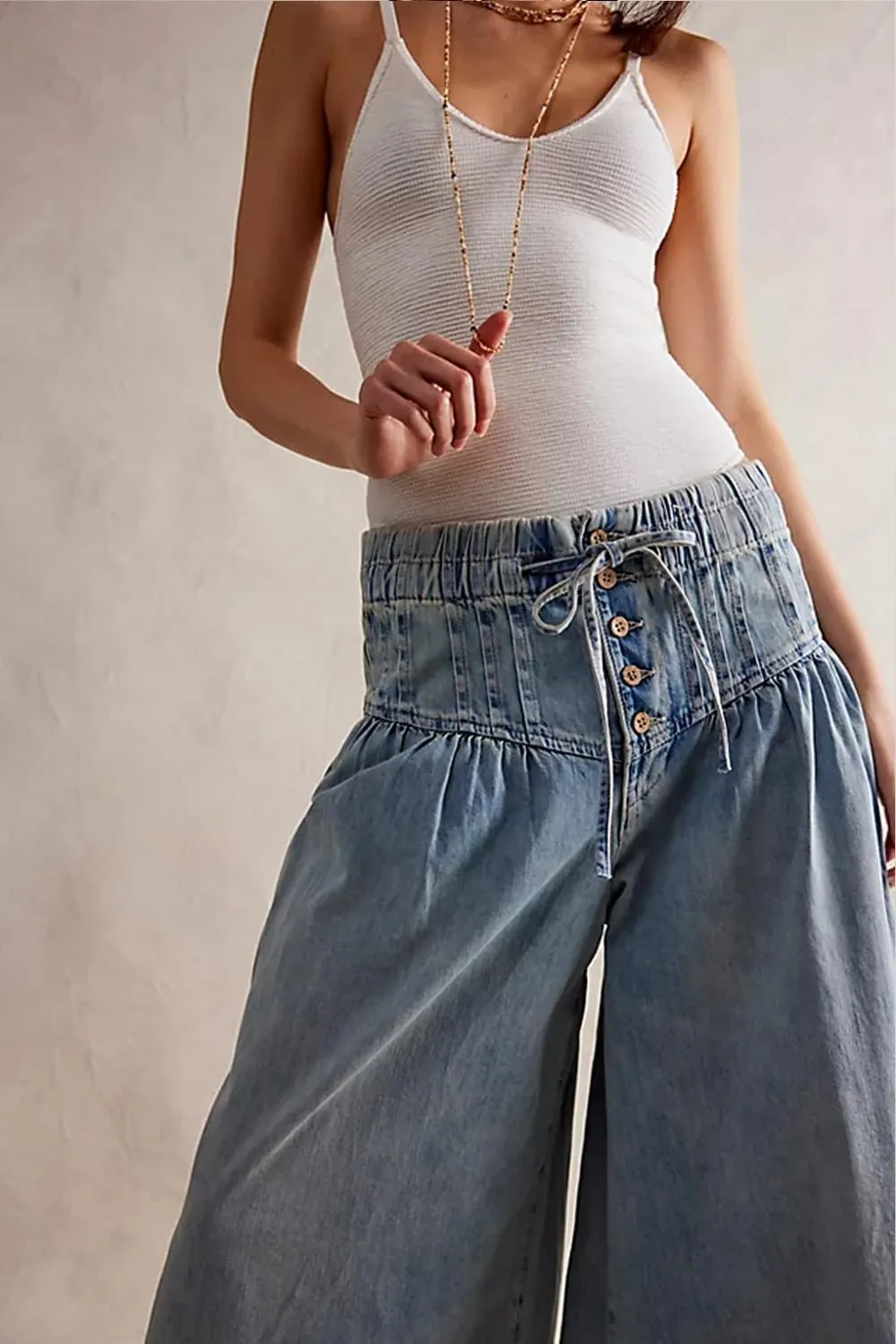 yoeasy Womens Mid Rise Wide Leg Jeans Elastic Drawstring Loose Ruffle Pleated Denim Pants Y2k Baggy Boyfriend Jeans