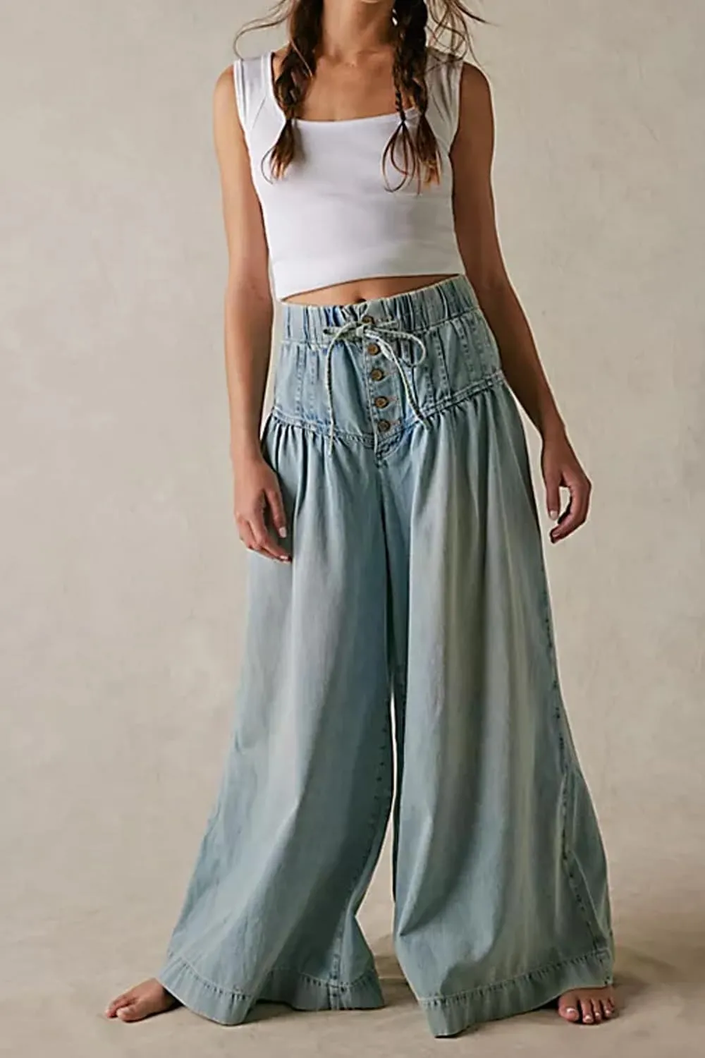 yoeasy Womens Mid Rise Wide Leg Jeans Elastic Drawstring Loose Ruffle Pleated Denim Pants Y2k Baggy Boyfriend Jeans