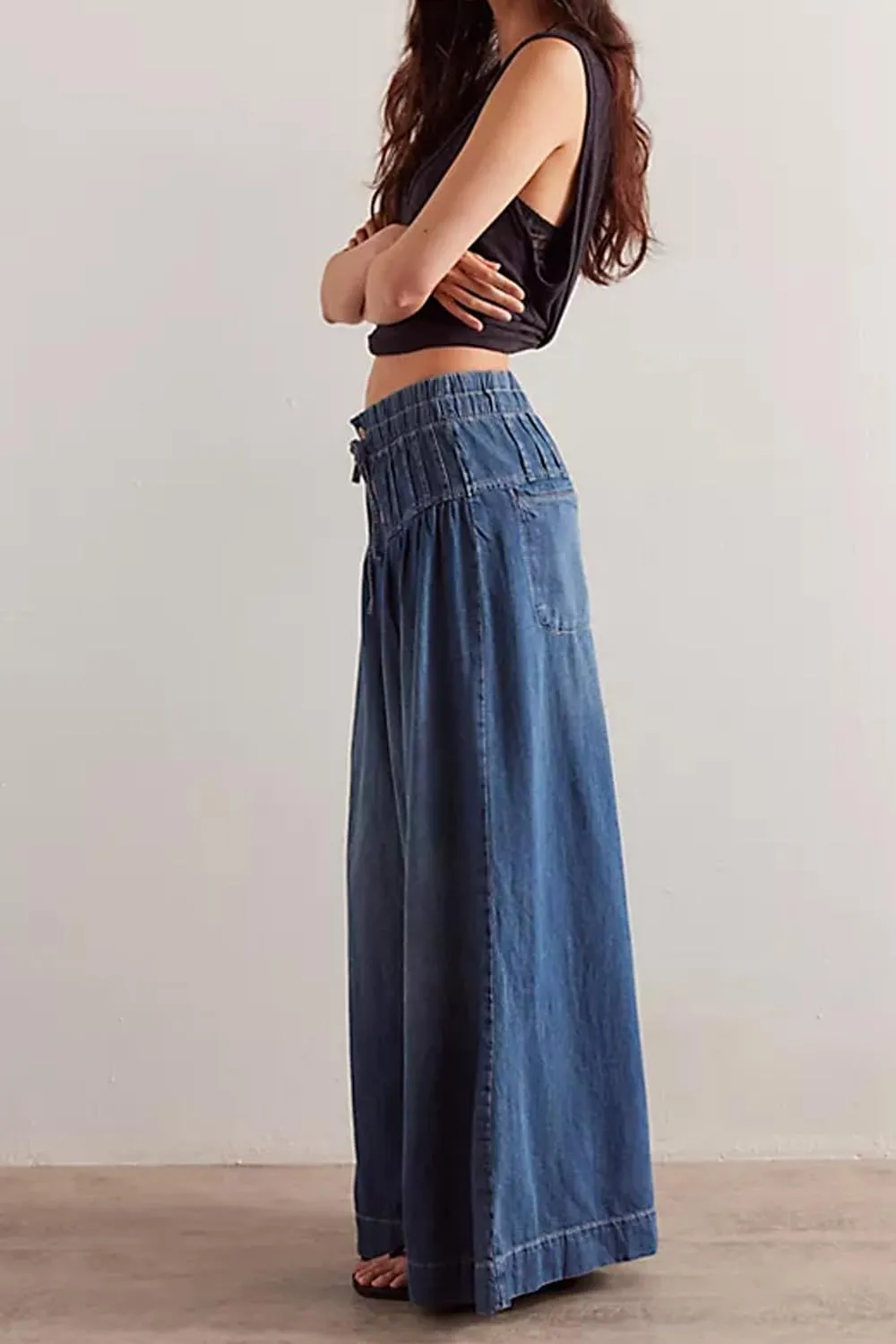 yoeasy Womens Mid Rise Wide Leg Jeans Elastic Drawstring Loose Ruffle Pleated Denim Pants Y2k Baggy Boyfriend Jeans