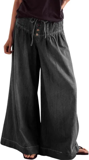 yoeasy Womens Mid Rise Wide Leg Jeans Elastic Drawstring Loose Ruffle Pleated Denim Pants Y2k Baggy Boyfriend Jeans