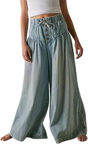 yoeasy Womens Mid Rise Wide Leg Jeans Elastic Drawstring Loose Ruffle Pleated Denim Pants Y2k Baggy Boyfriend Jeans