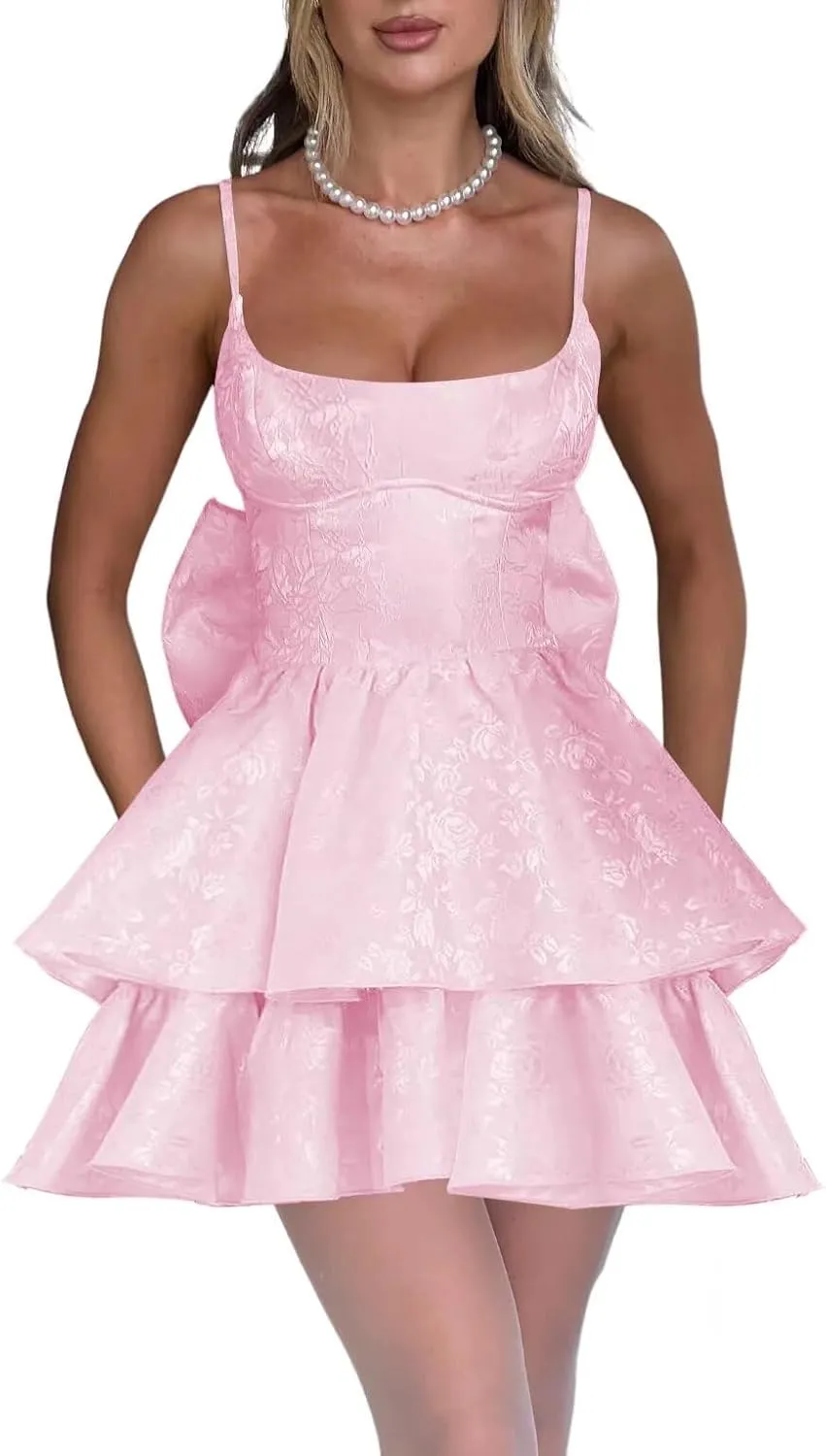 YOFF Spaghetti Straps Homecoming Dresses with Bow Jacquard Floral Satin A Line Midi Formal Cocktail Dresses YO167