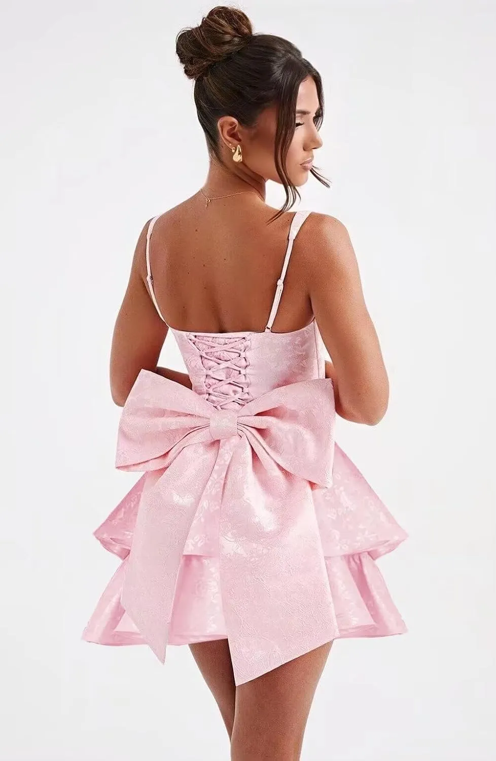 YOFF Spaghetti Straps Homecoming Dresses with Bow Jacquard Floral Satin A Line Midi Formal Cocktail Dresses YO167
