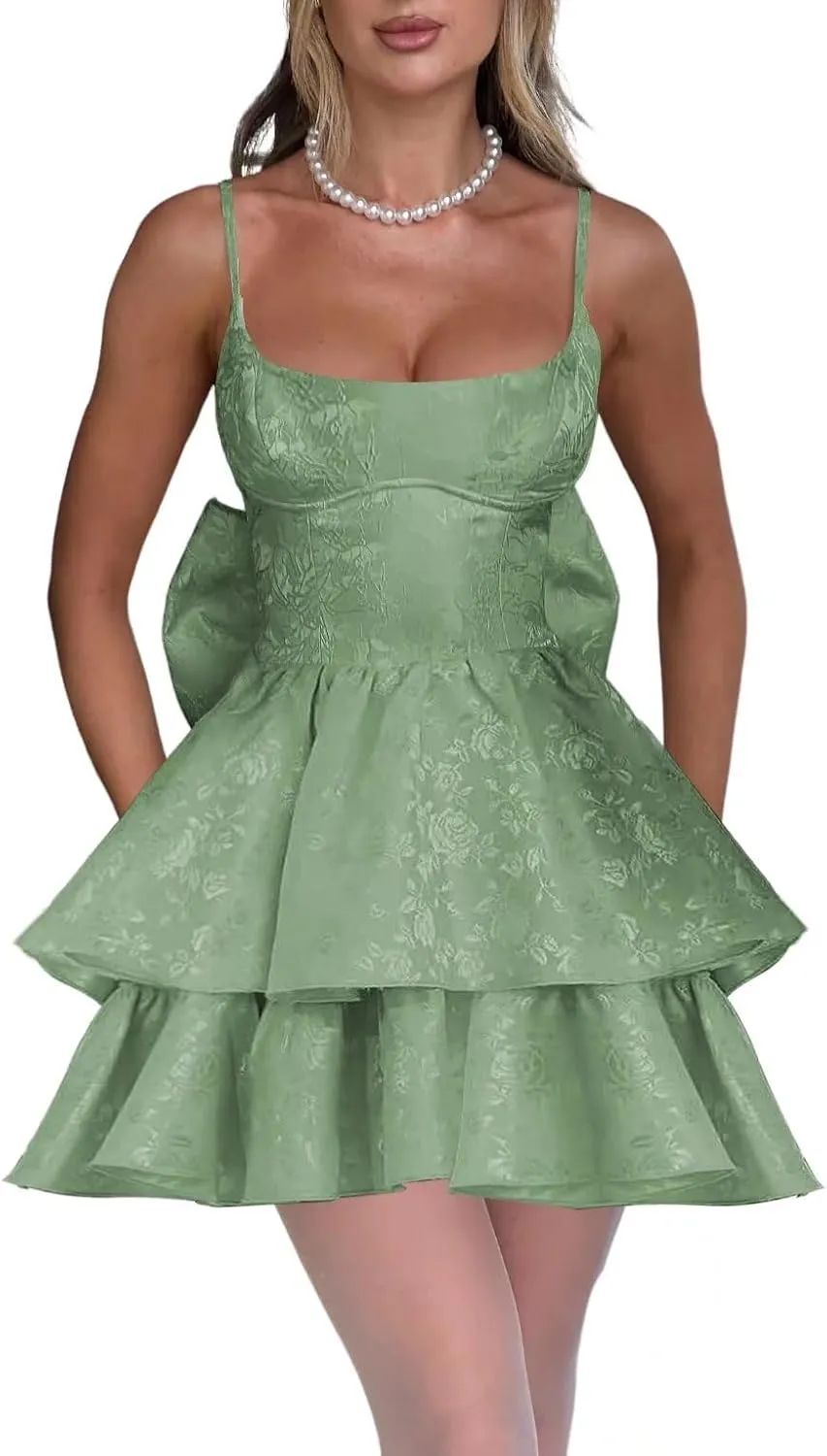 YOFF Spaghetti Straps Homecoming Dresses with Bow Jacquard Floral Satin A Line Midi Formal Cocktail Dresses YO167