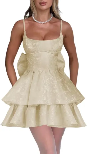 YOFF Spaghetti Straps Homecoming Dresses with Bow Jacquard Floral Satin A Line Midi Formal Cocktail Dresses YO167