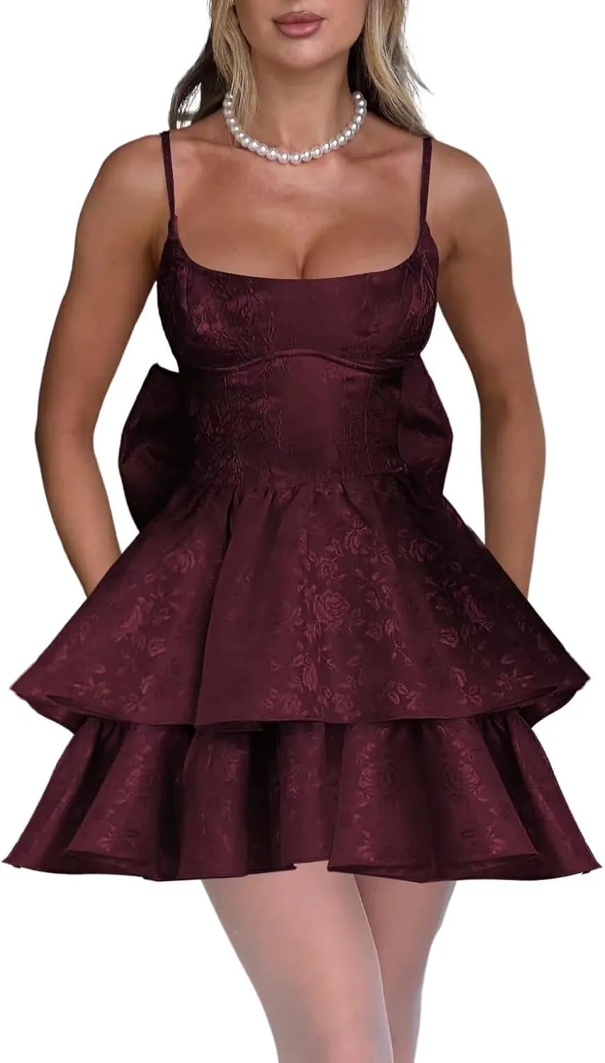 YOFF Spaghetti Straps Homecoming Dresses with Bow Jacquard Floral Satin A Line Midi Formal Cocktail Dresses YO167