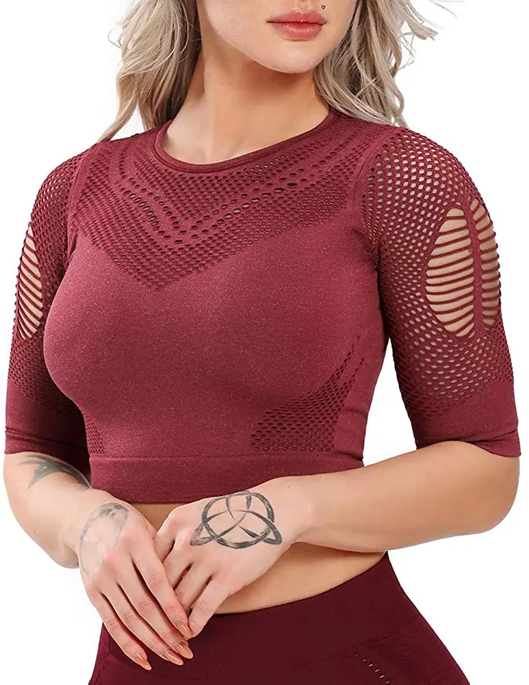 Yoga Gym Crop Top Compression Workout Athletic Short/Long Sleeve Set