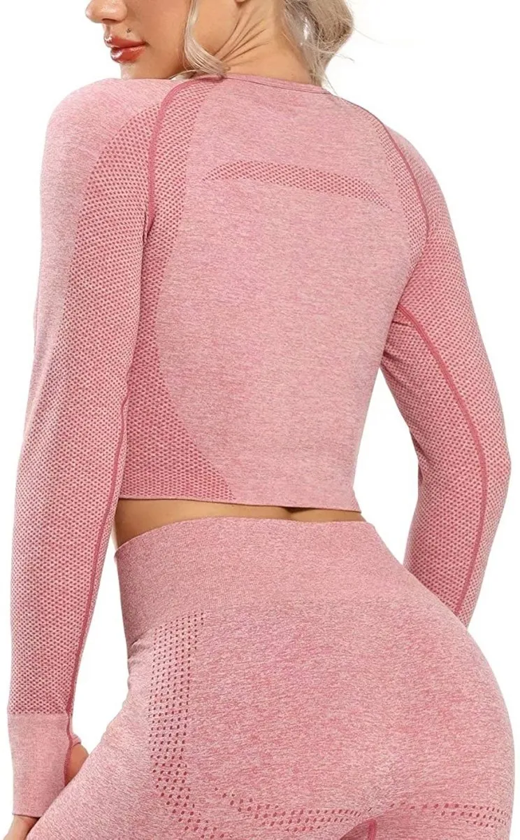 Yoga Gym Crop Top Compression Workout Athletic Short/Long Sleeve Set