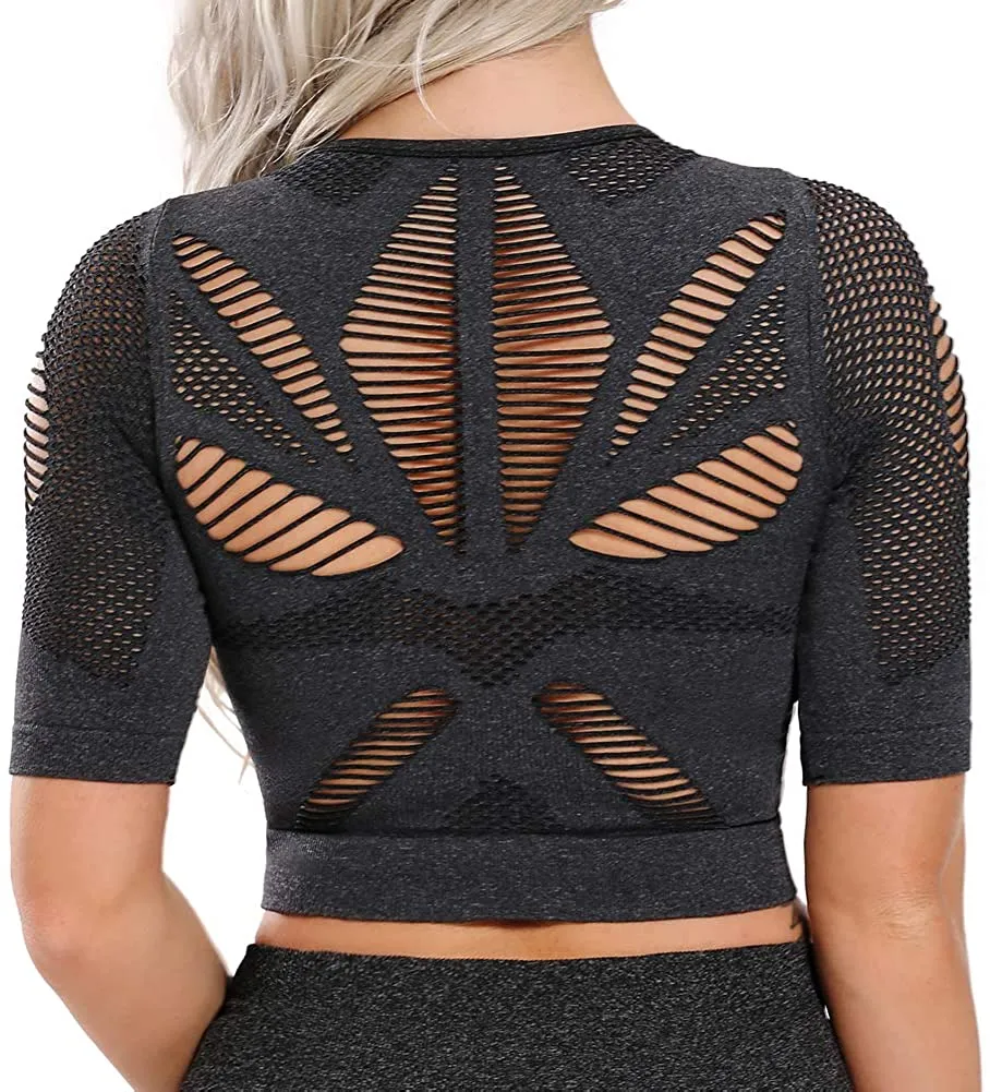 Yoga Gym Crop Top Compression Workout Athletic Short/Long Sleeve Set