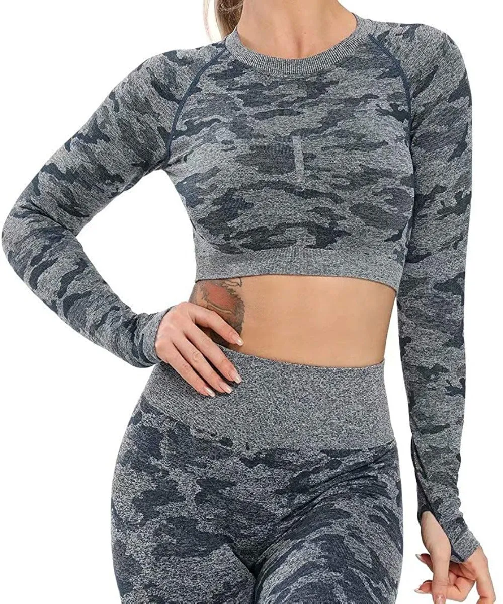 Yoga Gym Crop Top Compression Workout Athletic Short/Long Sleeve Set