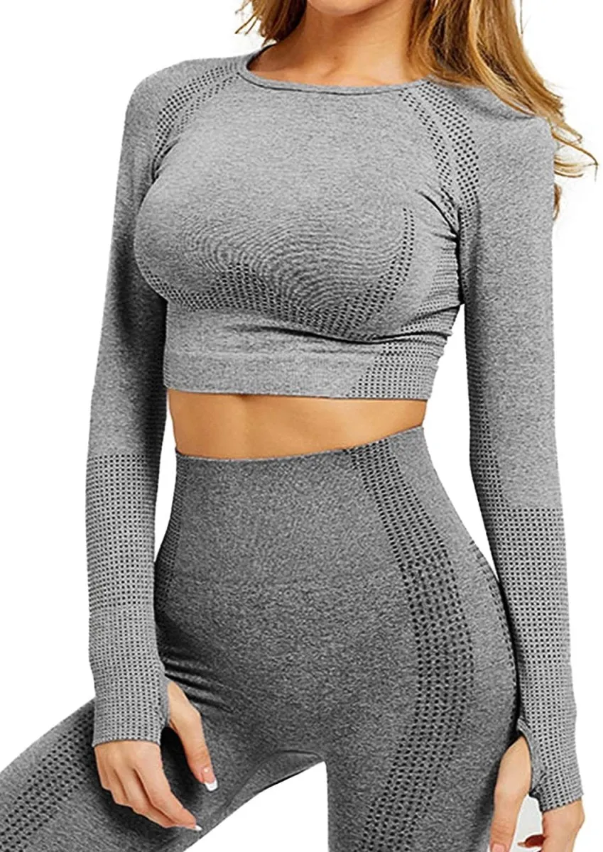 Yoga Gym Crop Top Compression Workout Athletic Short/Long Sleeve Set