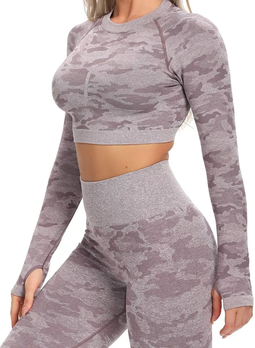 Yoga Gym Crop Top Compression Workout Athletic Short/Long Sleeve Set