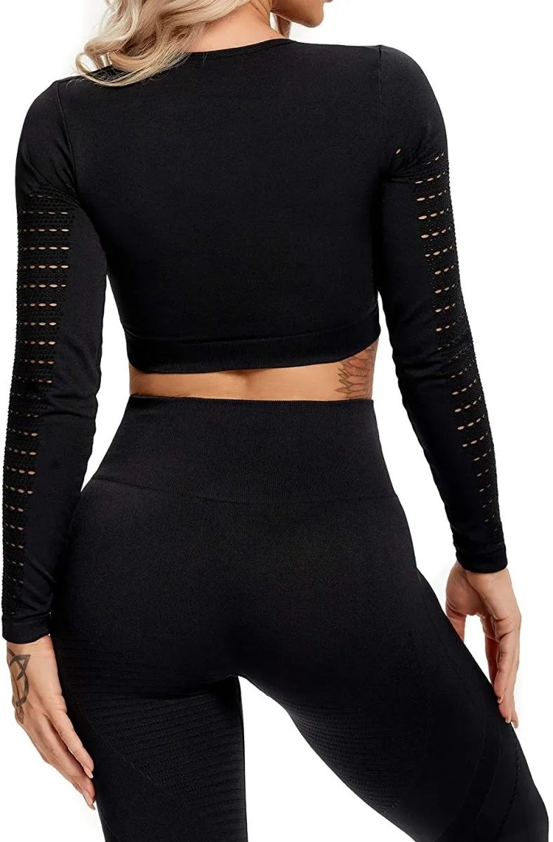 Yoga Gym Crop Top Compression Workout Athletic Short/Long Sleeve Set