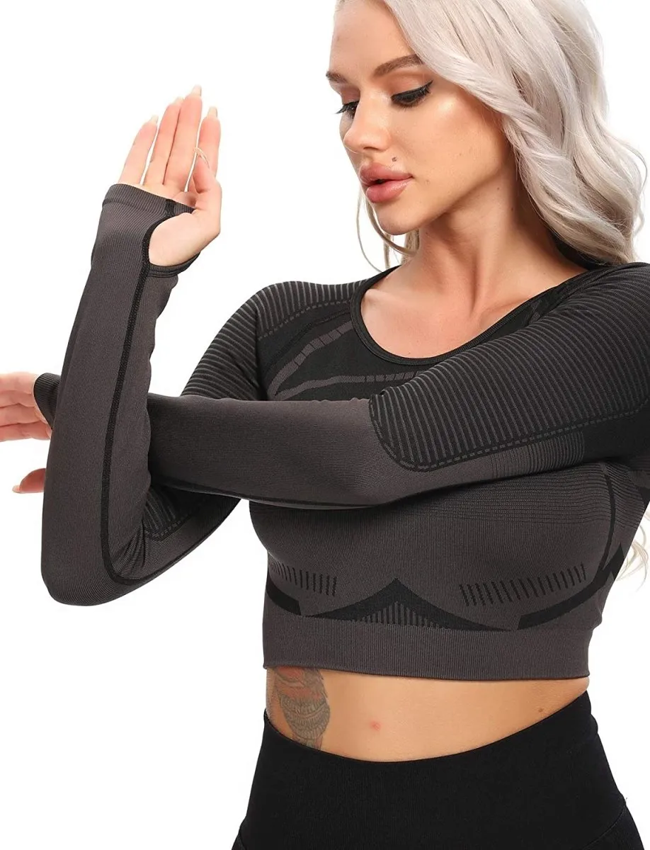 Yoga Gym Crop Top Compression Workout Athletic Short/Long Sleeve Set