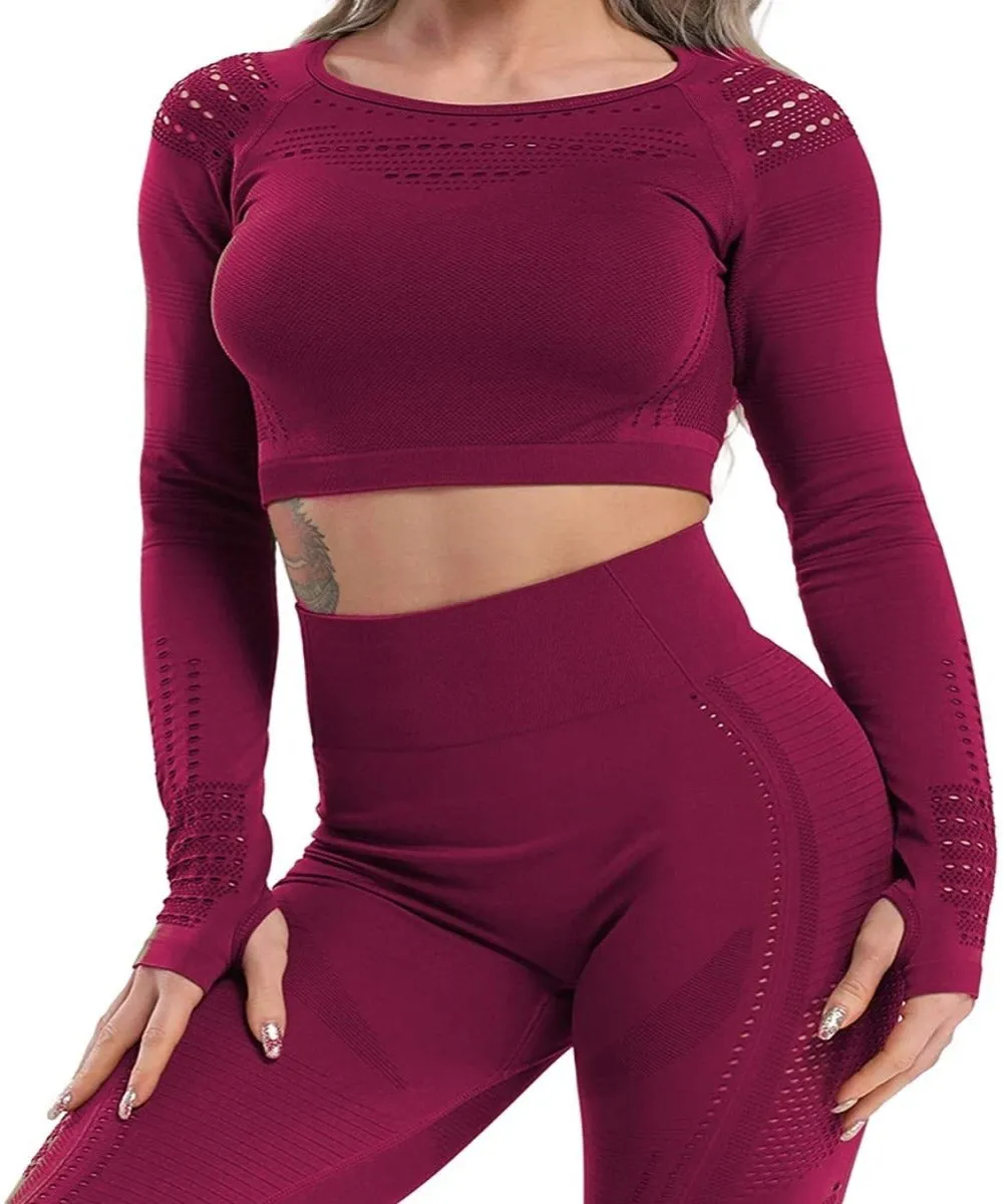 Yoga Gym Crop Top Compression Workout Athletic Short/Long Sleeve Set