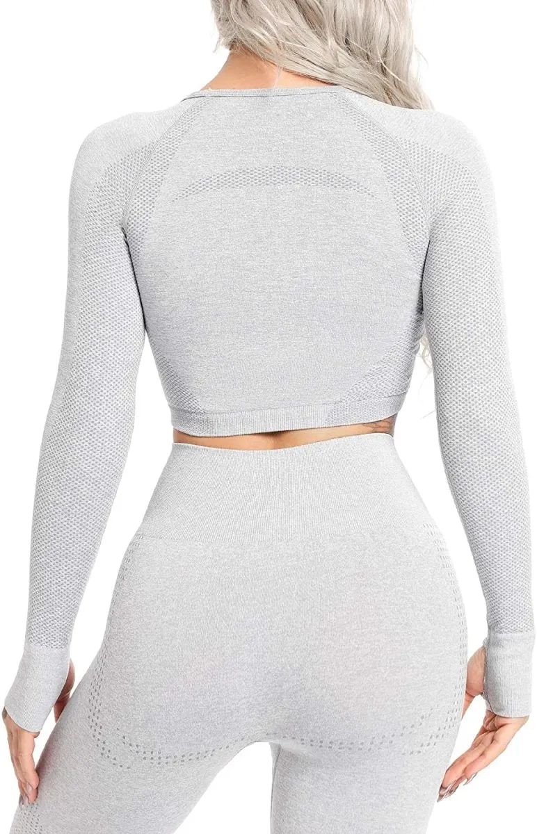 Yoga Gym Crop Top Compression Workout Athletic Short/Long Sleeve Set