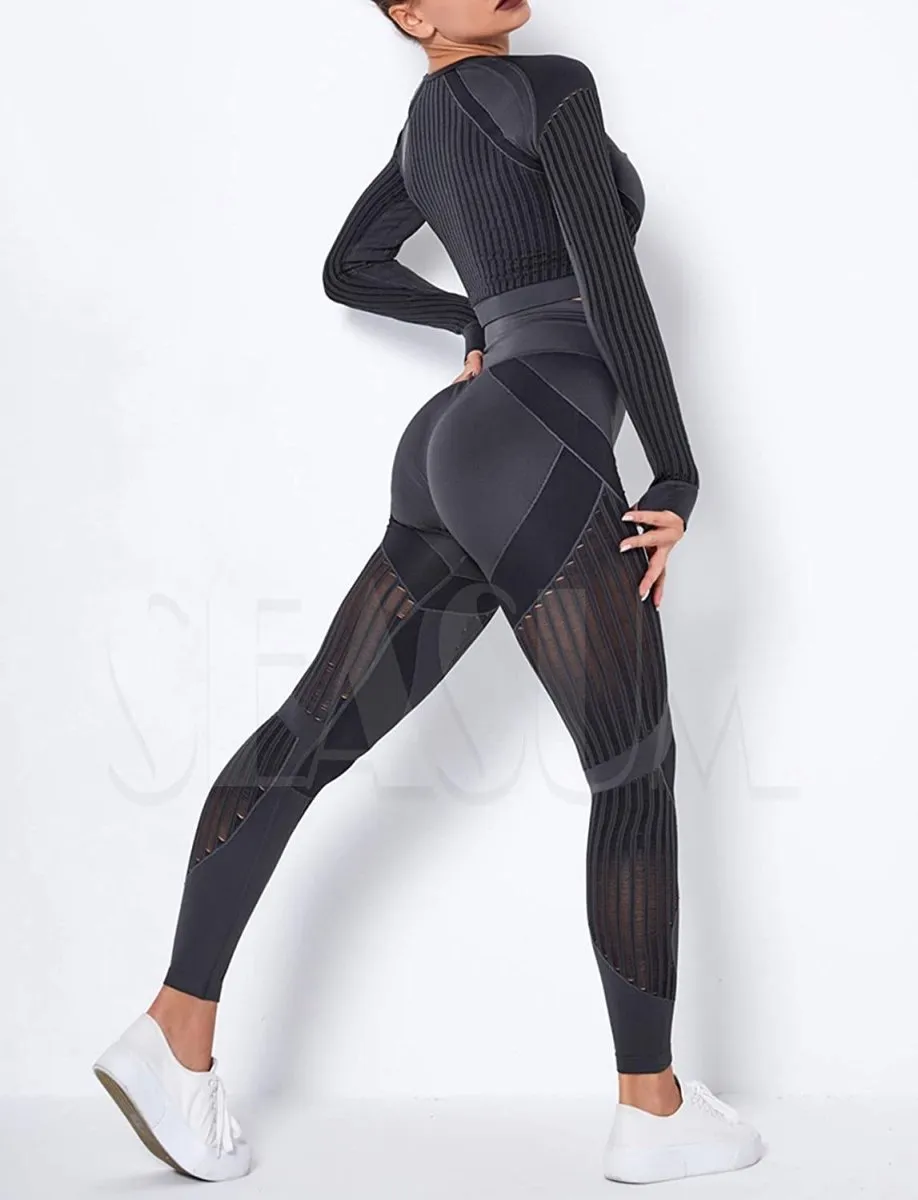Yoga Gym Crop Top Compression Workout Athletic Short/Long Sleeve Set