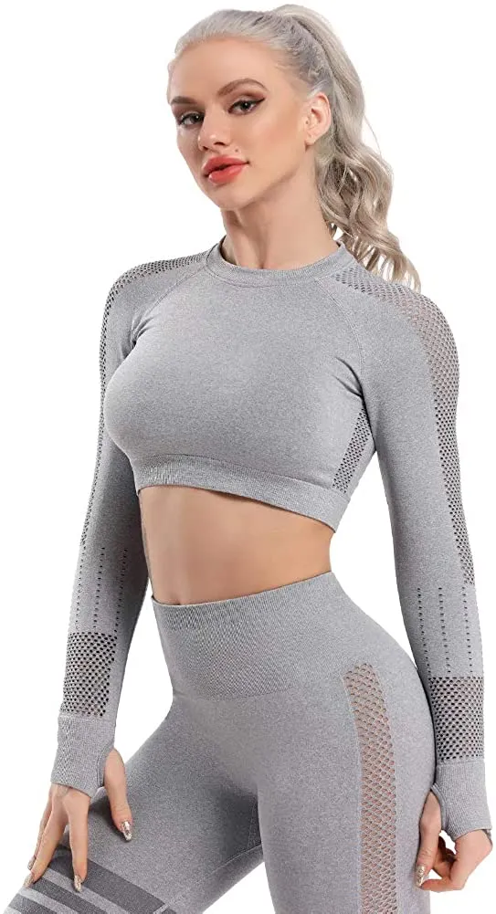 Yoga Gym Crop Top Compression Workout Athletic Short/Long Sleeve Set