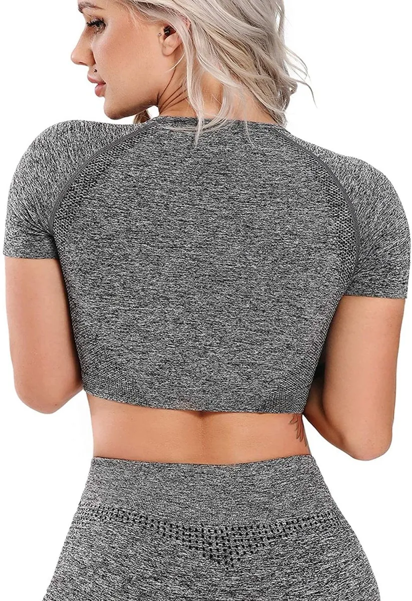 Yoga Gym Crop Top Compression Workout Athletic Short/Long Sleeve Set