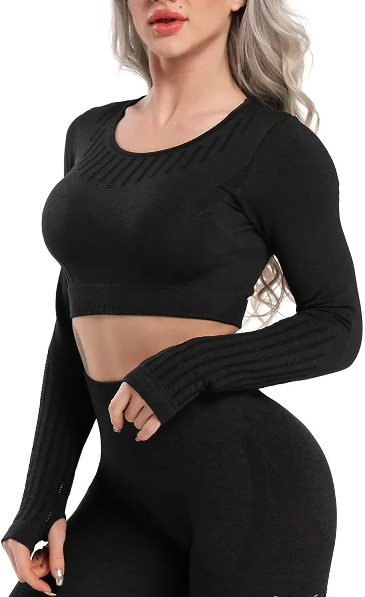Yoga Gym Crop Top Compression Workout Athletic Short/Long Sleeve Set