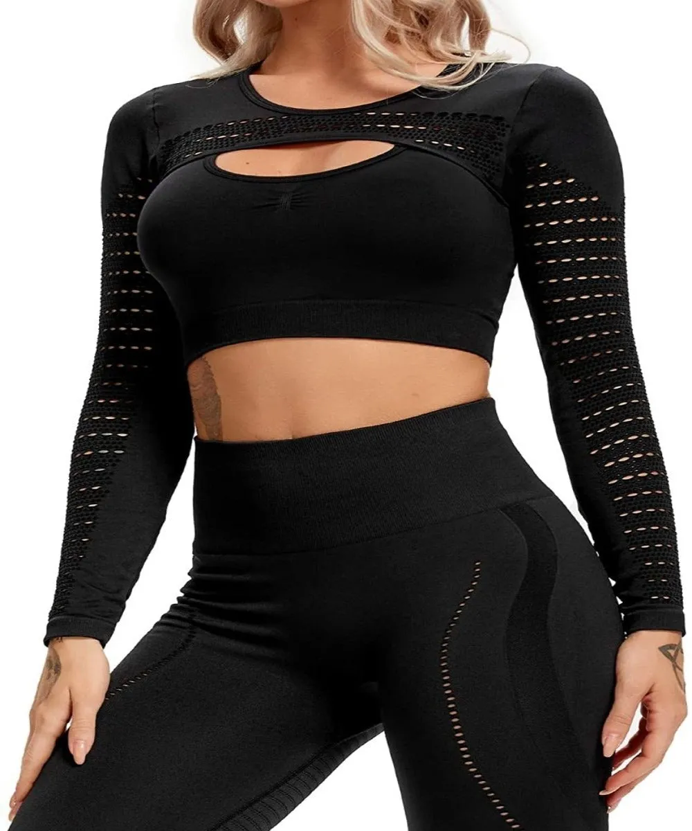 Yoga Gym Crop Top Compression Workout Athletic Short/Long Sleeve Set