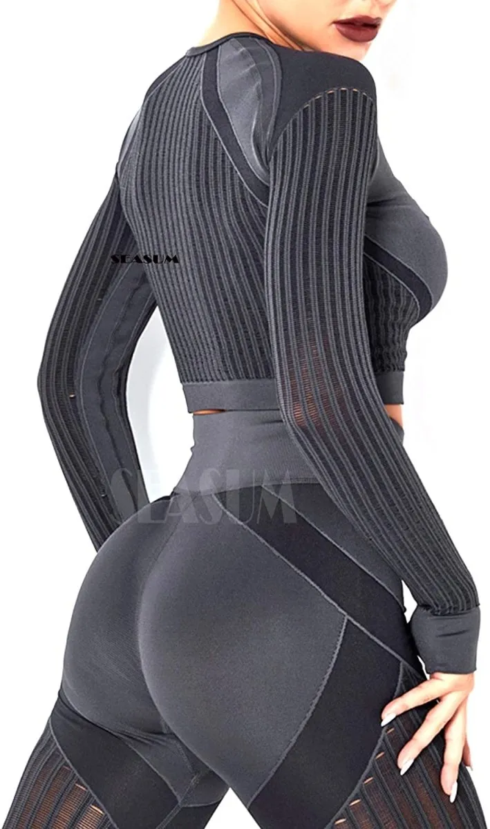 Yoga Gym Crop Top Compression Workout Athletic Short/Long Sleeve Set