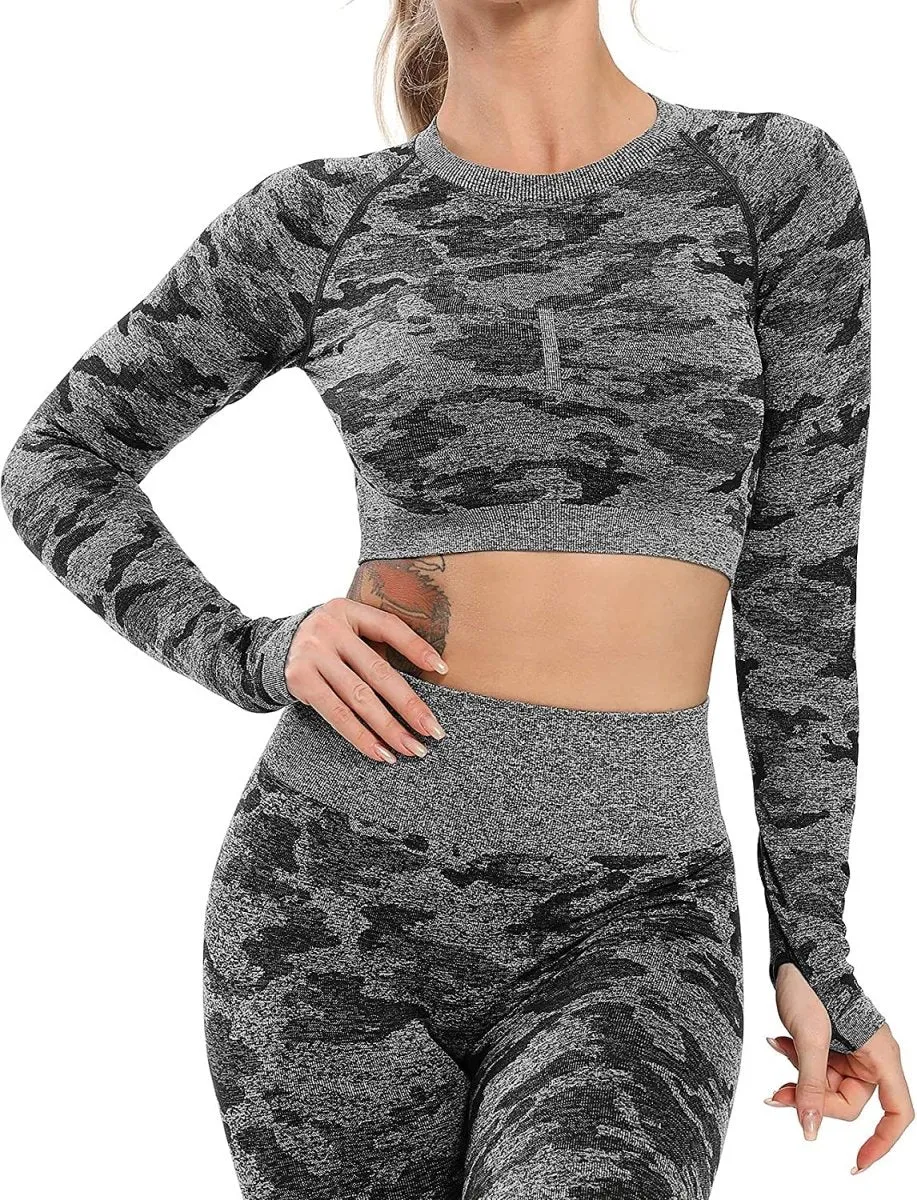 Yoga Gym Crop Top Compression Workout Athletic Short/Long Sleeve Set