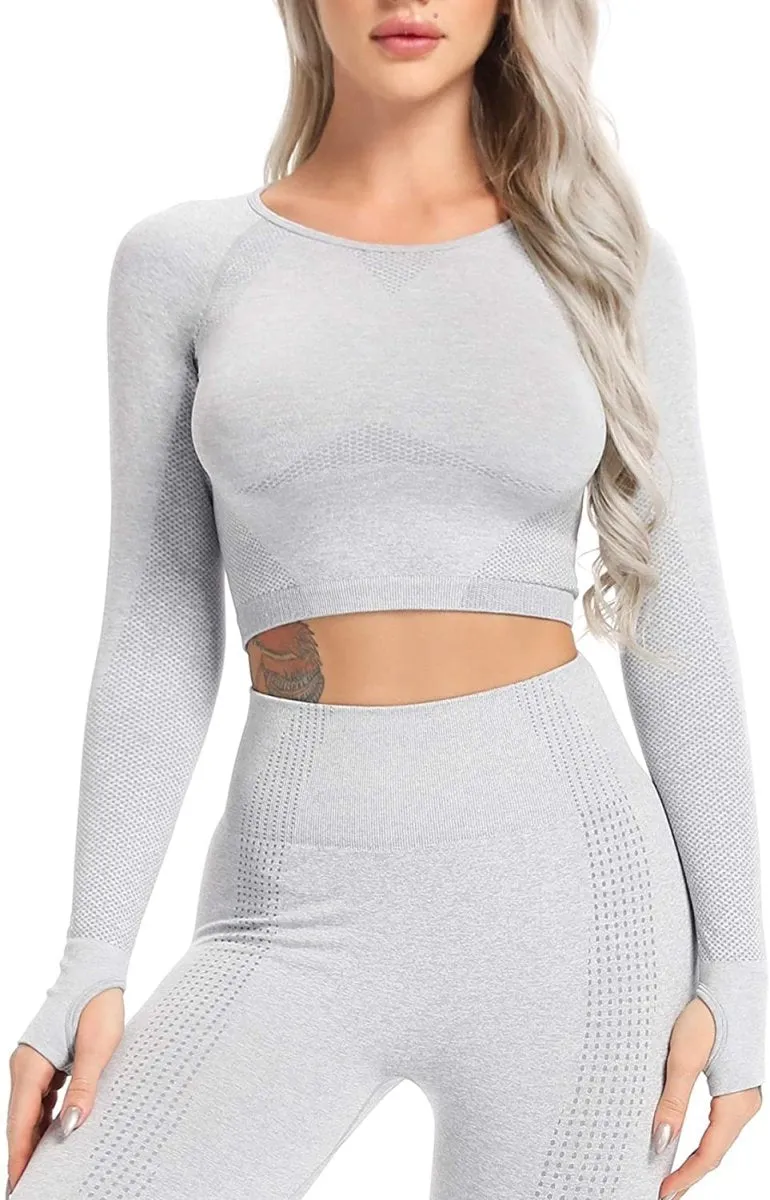 Yoga Gym Crop Top Compression Workout Athletic Short/Long Sleeve Set