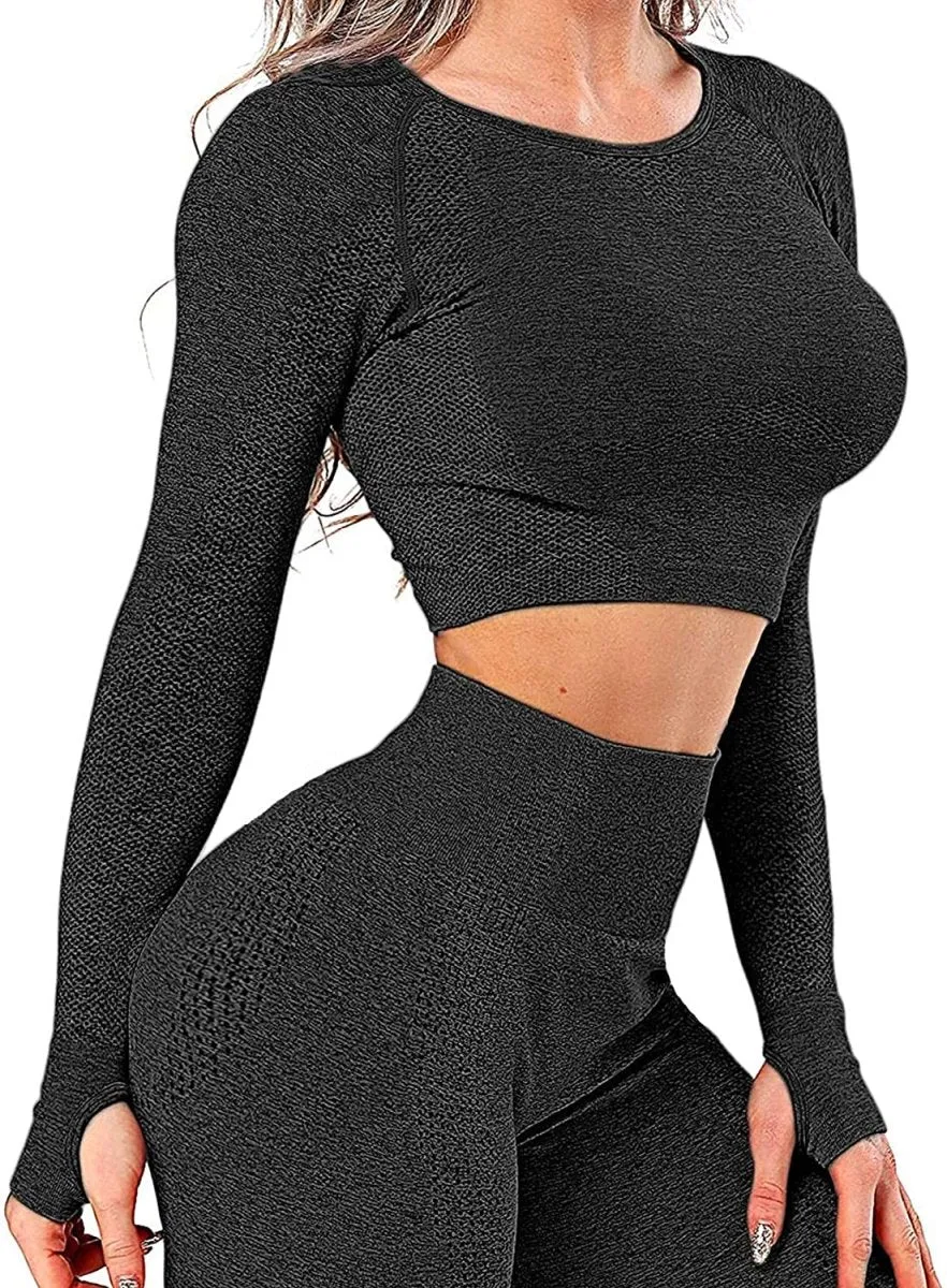 Yoga Gym Crop Top Compression Workout Athletic Short/Long Sleeve Set
