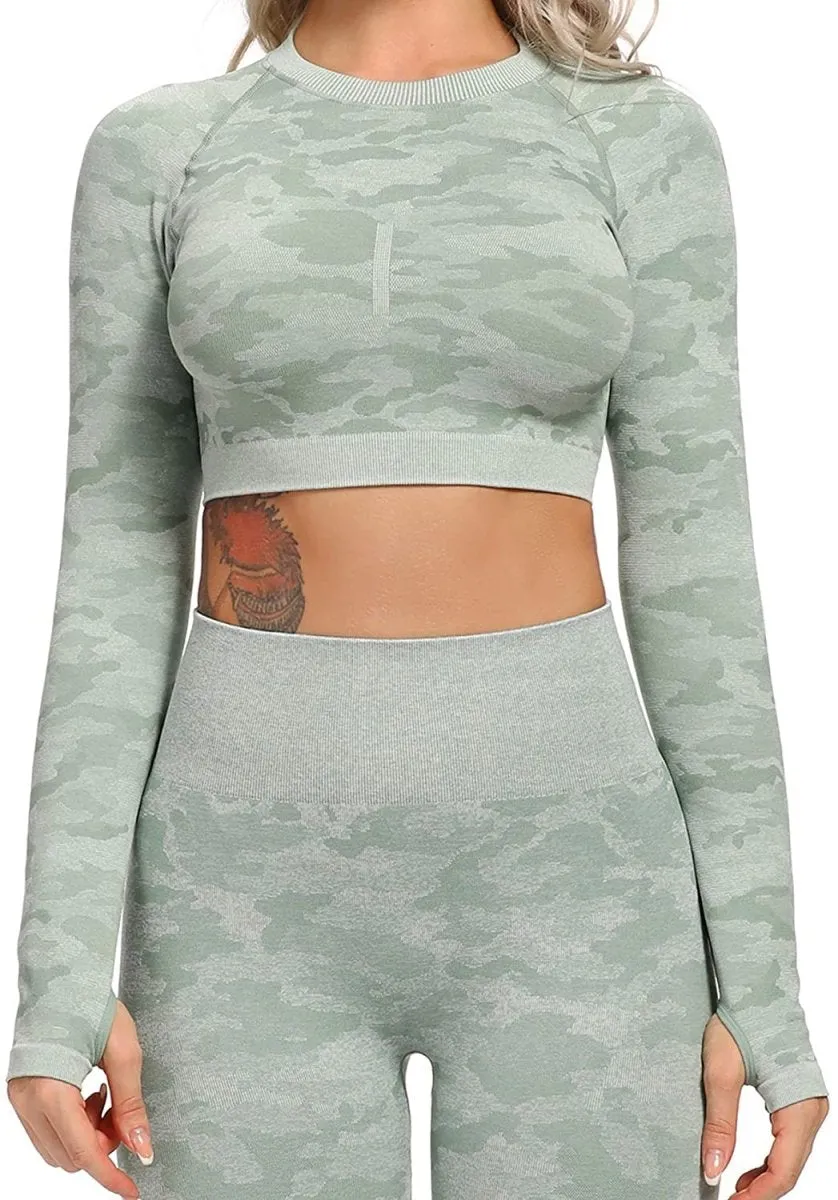 Yoga Gym Crop Top Compression Workout Athletic Short/Long Sleeve Set