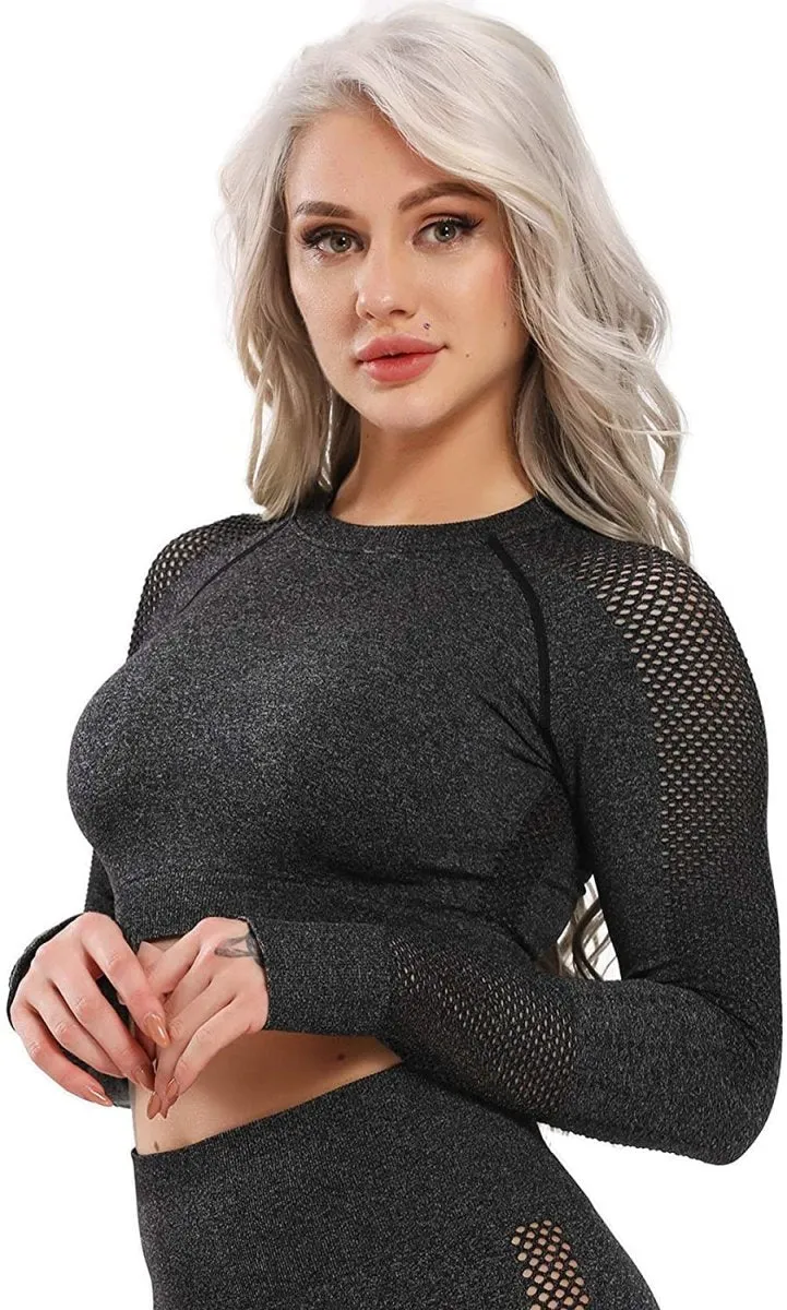 Yoga Gym Crop Top Compression Workout Athletic Short/Long Sleeve Set