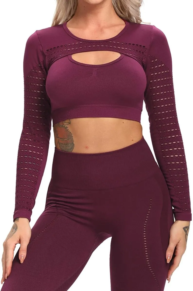 Yoga Gym Crop Top Compression Workout Athletic Short/Long Sleeve Set