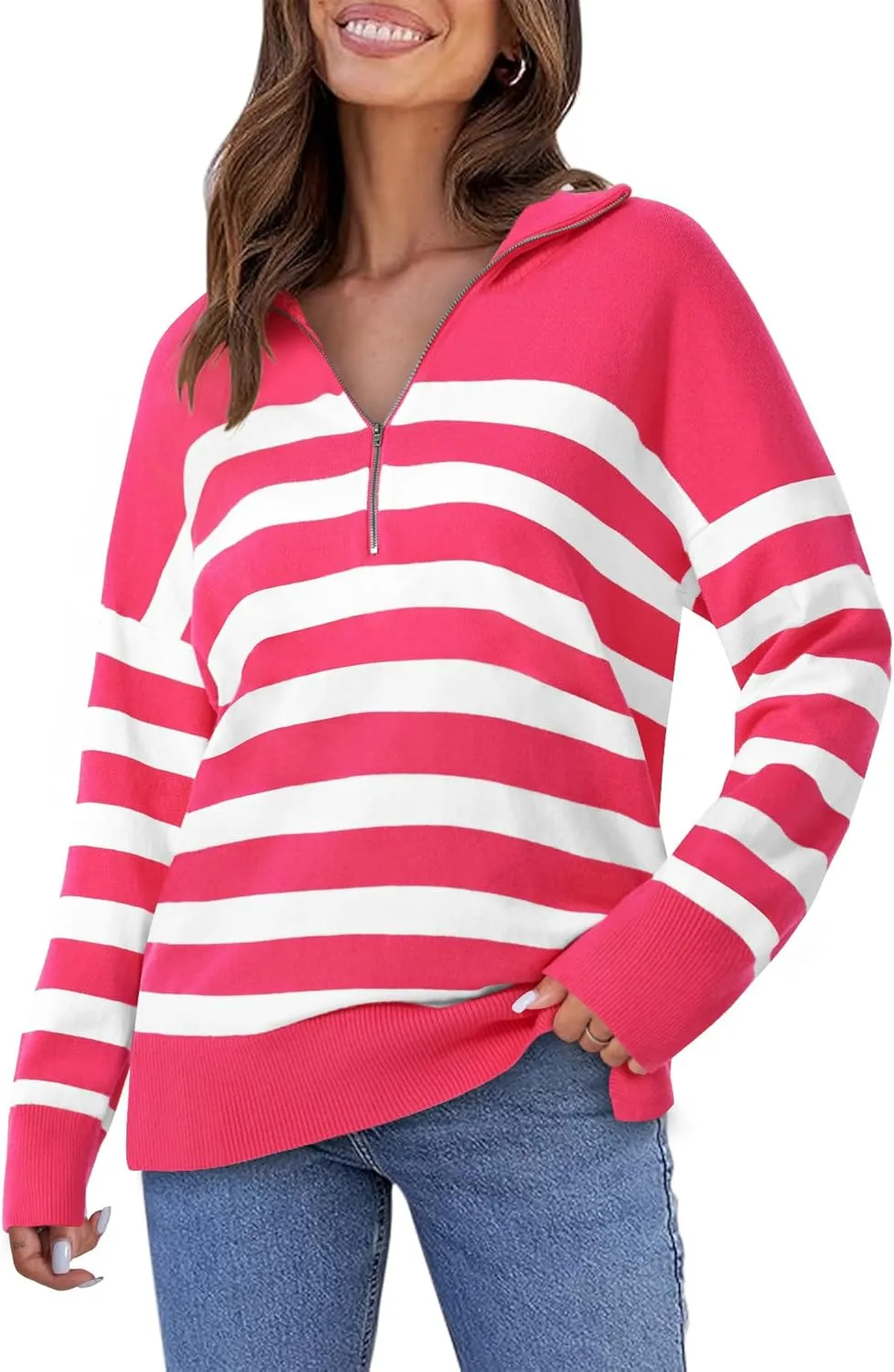 Yousify Womens Casual Long Sleeve Half Zip Striped Pullover Sweaters V Neck Color Block Ribbed Knit Loose Jumper Tops