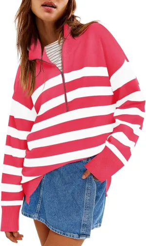 Yousify Womens Casual Long Sleeve Half Zip Striped Pullover Sweaters V Neck Color Block Ribbed Knit Loose Jumper Tops