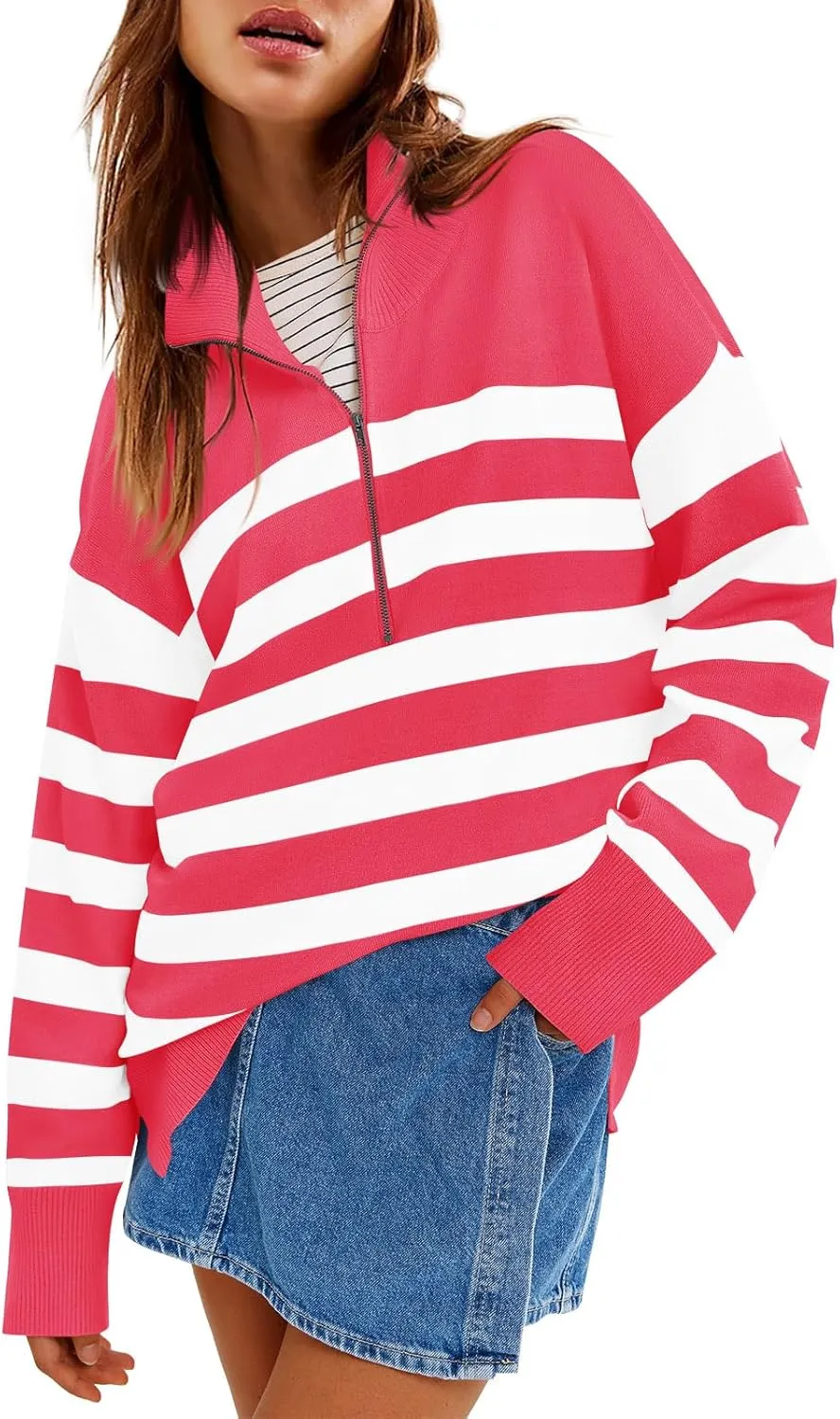 Yousify Womens Casual Long Sleeve Half Zip Striped Pullover Sweaters V Neck Color Block Ribbed Knit Loose Jumper Tops