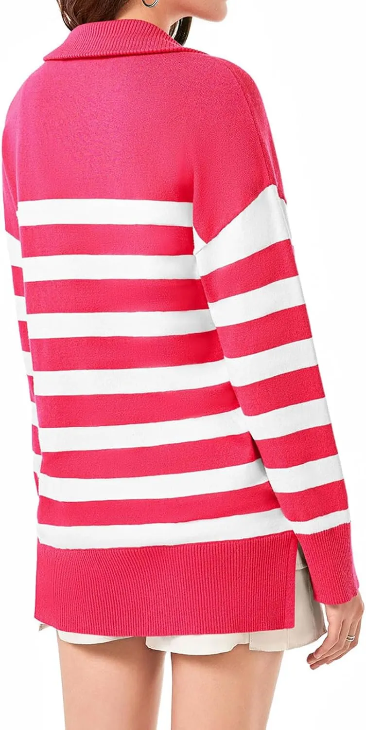 Yousify Womens Casual Long Sleeve Half Zip Striped Pullover Sweaters V Neck Color Block Ribbed Knit Loose Jumper Tops