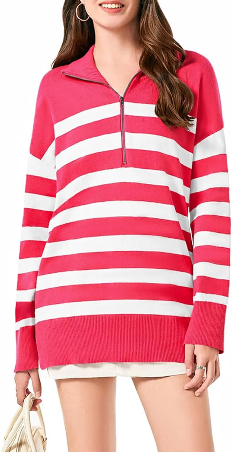 Yousify Womens Casual Long Sleeve Half Zip Striped Pullover Sweaters V Neck Color Block Ribbed Knit Loose Jumper Tops