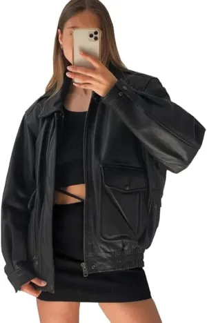 Zaine Enterprises Womens Vintage 90S Oversize Genuine Leather Retro Bomber Jacket
