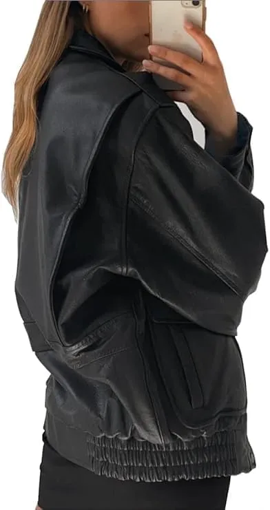 Zaine Enterprises Womens Vintage 90S Oversize Genuine Leather Retro Bomber Jacket