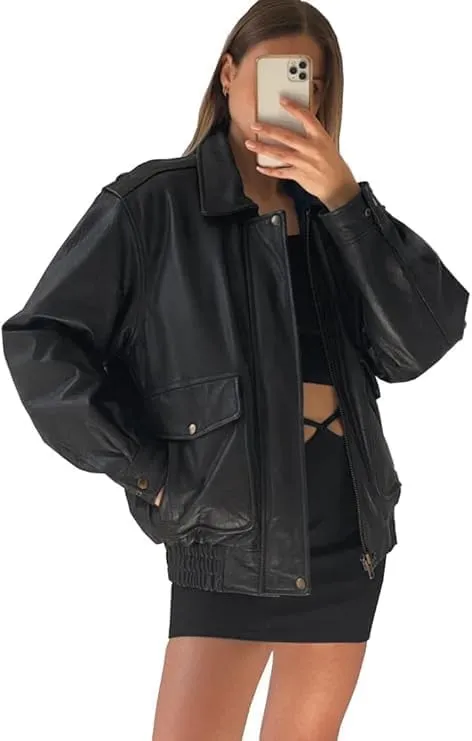 Zaine Enterprises Womens Vintage 90S Oversize Genuine Leather Retro Bomber Jacket
