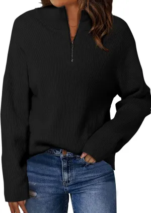 ZANZEA Quarter Zip Pullover Women Long Sleeve Knit Sweater V Neck Fall Tops Fashion Clothes 2024