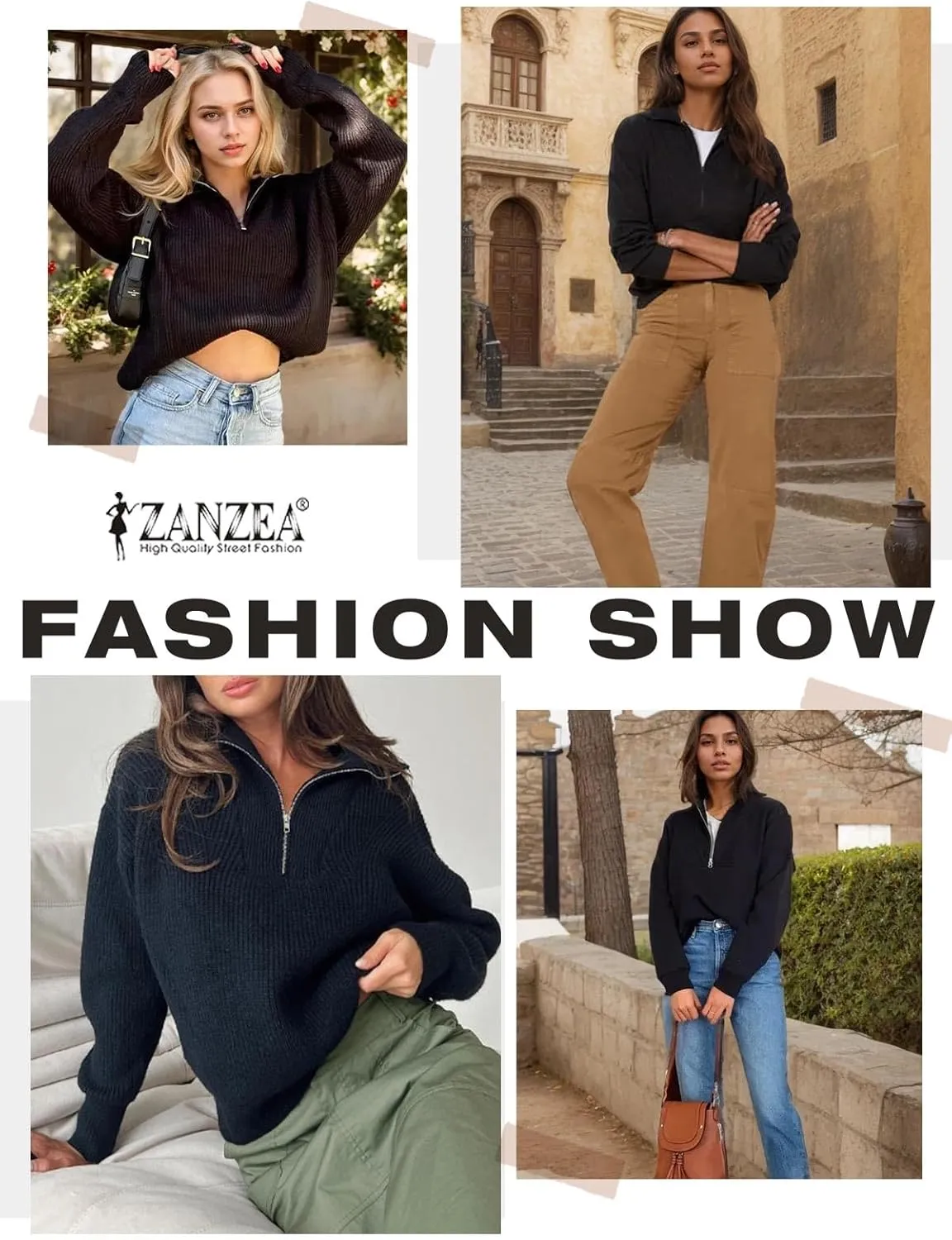 ZANZEA Quarter Zip Pullover Women Long Sleeve Knit Sweater V Neck Fall Tops Fashion Clothes 2024