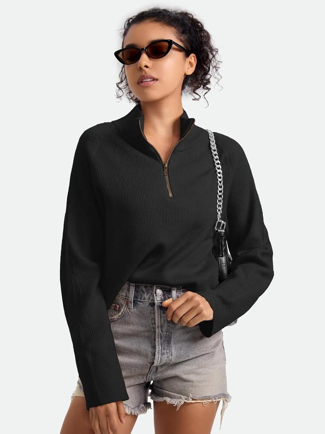ZANZEA Quarter Zip Pullover Women Long Sleeve Knit Sweater V Neck Fall Tops Fashion Clothes 2024
