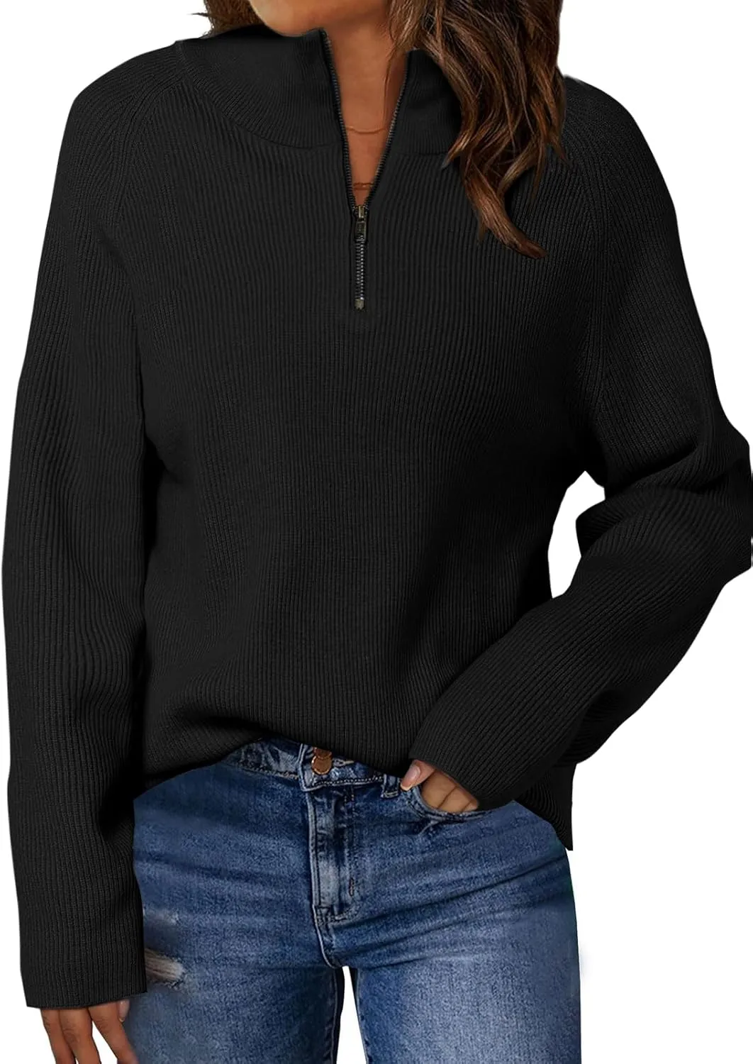ZANZEA Quarter Zip Pullover Women Long Sleeve Knit Sweater V Neck Fall Tops Fashion Clothes 2024