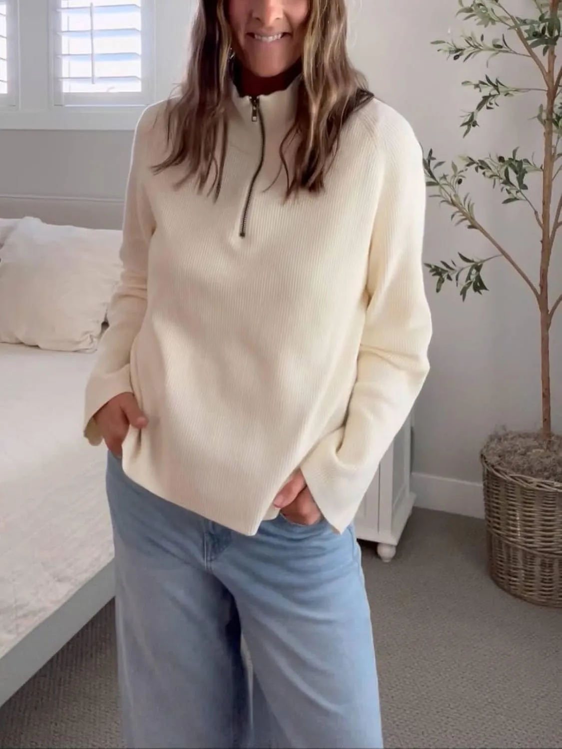 ZANZEA Quarter Zip Pullover Women Long Sleeve Knit Sweater V Neck Fall Tops Fashion Clothes 2024