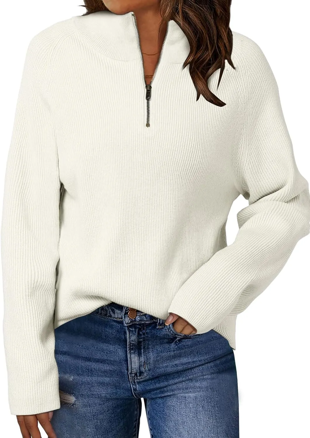 ZANZEA Quarter Zip Pullover Women Long Sleeve Knit Sweater V Neck Fall Tops Fashion Clothes 2024