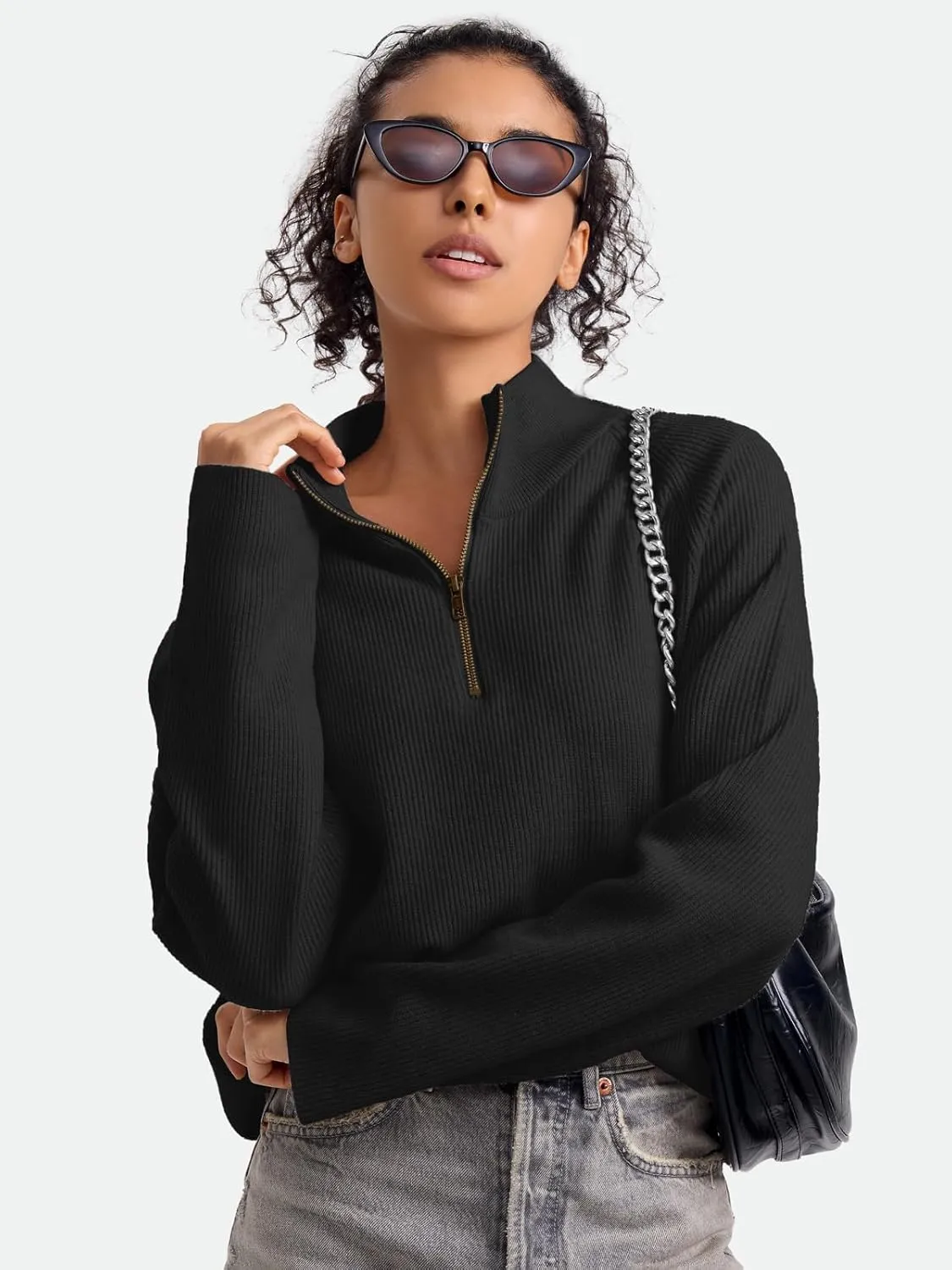 ZANZEA Quarter Zip Pullover Women Long Sleeve Knit Sweater V Neck Fall Tops Fashion Clothes 2024