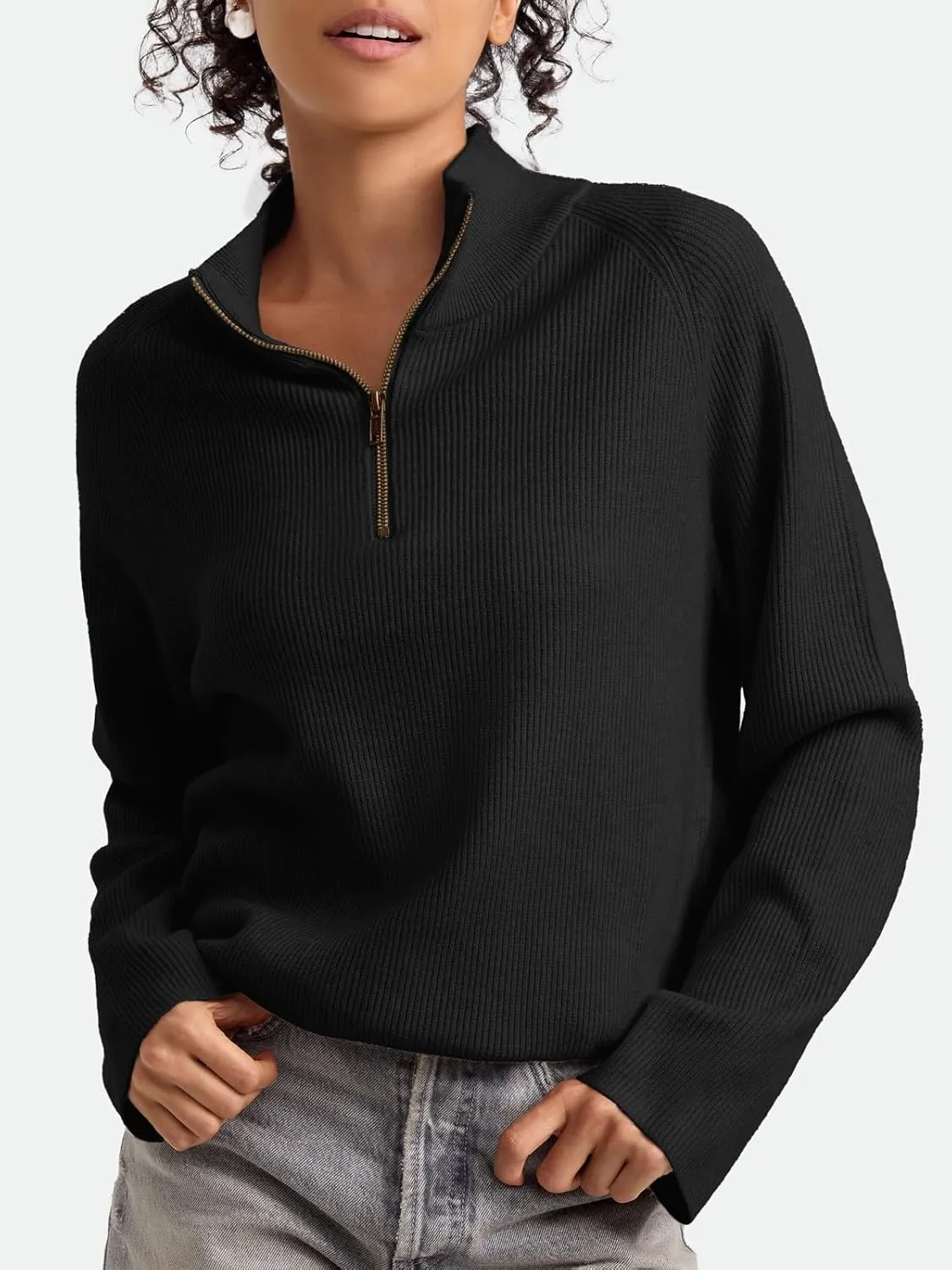 ZANZEA Quarter Zip Pullover Women Long Sleeve Knit Sweater V Neck Fall Tops Fashion Clothes 2024